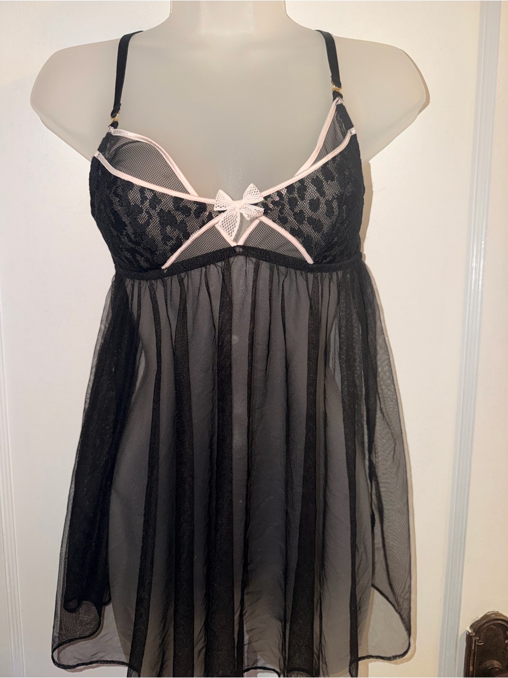 Victoria's Secret Black Sheer Babydoll with Pink Trim